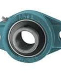 Front view of heavy duty 60 mm bore two bolt flange bearing housing with cast iron body and set screw lock for secure, easy alignment.