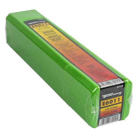 Green packaging of E6011 Welding Rod One Eighth Inch Ten Pound All Position For Deep Penetration On Dirty Rusty And Painted Materials