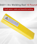 Yellow box of E6011 One Eighth Inch Welding Rods For Carbon Steel Electrode 10 lbs, text promoting stable welding on white background