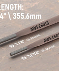 Close-up of All Position Rutile E6013 Welding Rods for Carbon Steel, 3/32 inch, 14 inch length, showing measurements and surface details.