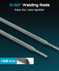 Close-up of two E6013 2.5 Lb Carbon Steel Welding Rods for Arc Welding, 3/32 Inch Diameter, ideal for general purpose repairs.