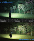 Comparison of E7 1800 Lumen Rechargeable Mini Flashlight with Magnet And USB C Rechargeable LED Six Modes IP68 Waterproof Aircraft Grade Aluminum 175 Degree Flood Beam Compact EDC Light For Headlamp Use Rescue And Camping showing cool white 6500K and medium white 5000K light beams illuminating a field with trees in the distance.