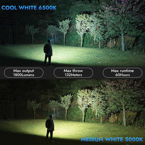 Comparison of E7 1800 Lumen Rechargeable Mini Flashlight with Magnet And USB C Rechargeable LED Six Modes IP68 Waterproof Aircraft Grade Aluminum 175 Degree Flood Beam Compact EDC Light For Headlamp Use Rescue And Camping showing cool white 6500K and medium white 5000K light beams illuminating a field with trees in the distance.