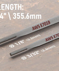 Two E7018 Carbon Steel Welding Rods, 3/32 and 1/8 inch, 14 inch length with specifications, for all positions, low hydrogen iron powder.
