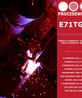 Welder using gasless flux core MIG wire with tensile strength and wire chemistry displayed, E71TGS, Processweld brand.