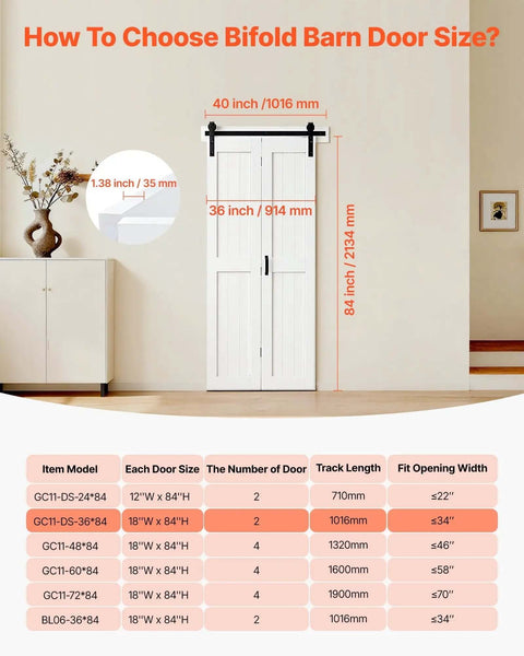 How to choose Bifold Barn Door size guide chart with dimensions and item models for Bifold Barn Door 36x84 With MDF Panels.