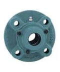 Single Piloted Flange Cartridge Bearing CUCFC209C, 45mm ID, cast iron housing with open covers and set screw locking, front view.