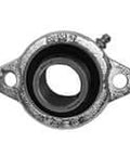 Front view of Single 12 mm Narrow Ball Bearing with Set Screw, Nickel-Plated 2-Bolt Flange, Cast Iron Housing, Contact Seal for industrial use.