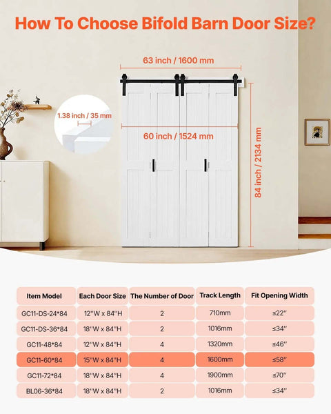 60 Inch By 84 Inch Bifold Barn Door With MDF Panels, Sliding Closet Door System Includes Header Board And Hardware Kit guide