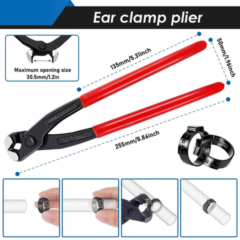 250 Pack Hose Clamp Kit With 14 Sizes 5.3 To 33.1 Mm Single Ear Stainless Steel 304 Black Finish Includes ear clamp pliers in use