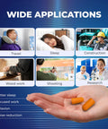 Hand holding soft disposable corded ear plugs pack of 100 pairs with 32 dB noise reduction, with images of various usage scenarios including travel, sleep, and construction.