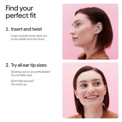 Woman wearing ultra comfortable, reusable ear plugs engineered for sleep, study, travel and quiet moments, M size installed