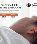 Person wearing Soft Disposable Corded Ear Plugs Pack Of 100 Pairs With 32 dB Noise Reduction for hearing protection while sleeping.
