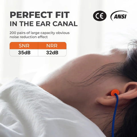 Person wearing Soft Disposable Corded Ear Plugs Pack Of 100 Pairs With 32 dB Noise Reduction for hearing protection while sleeping.