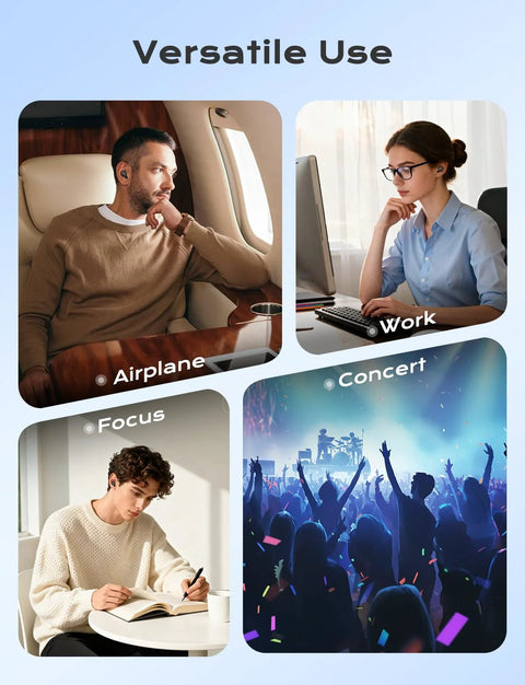 Image showing various uses of Concert Ear Plugs With 45dB Noise Reduction including work, airplane travel, concerts, and focusing.