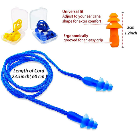 Noise Reduction Earplugs For Sleeping NRR 32 Reusable Soft Silicone Ear Plugs With Nylon Cord for travel and work in blue and orange with storage box.