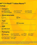 Product features of E-A-Rsoft Yellow Neons Disposable Ear Plugs, 33 dB NRR, uncorded, in poly bag packaging.