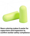 E-A-Rsoft Yellow Neons Disposable Ear Plugs with 33 dB NRR, uncorded, slow recovery foam, regular size, 2 ear plugs close-up