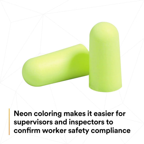 E-A-Rsoft Yellow Neons Disposable Ear Plugs with 33 dB NRR, uncorded, slow recovery foam, regular size, 2 ear plugs close-up