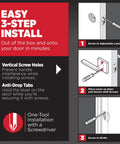 Instructional diagram showing easy 3-step installation of a non-locking interior passage lever for closets and hallways, reversible for left or right doors.