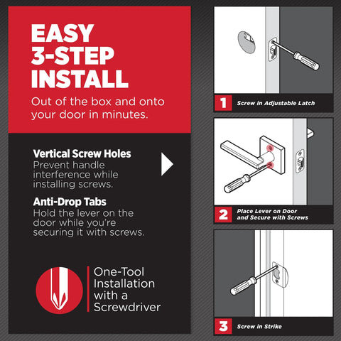 Instructional diagram showing easy 3-step installation of a non-locking interior passage lever for closets and hallways, reversible for left or right doors.