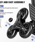 Close-up of 460 LBS Stair Climbing Dolly assembly with triangular wheel design and wrench, highlighting easy setup process.
