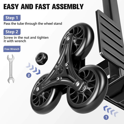 Close-up of 460 LBS Stair Climbing Dolly assembly with triangular wheel design and wrench, highlighting easy setup process.