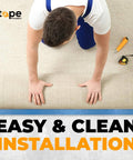 Man installing carpet with Heavy Duty Double Sided Carpet Tape 2 Inch By 25 Feet Keeps Rugs In Place Indoors And Outdoors Non Slip