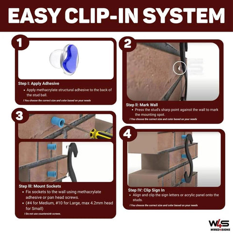 Acrylic Sign Mounting Hardware Hidden Clip In Sign Standoff Mounts installation guide illustration.