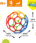 Bright Starts Oball Easy Grasp Classic Ball BPA-Free Infant Toy in Red, Yellow, Green, Blue, Age Newborn and up, 4 Inches with size chart
