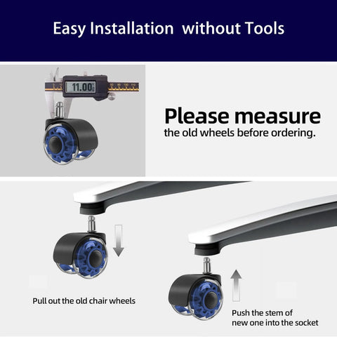 Heavy Duty 2 Inch Office Chair Casters Set Of Five For All Floors With Seven Sixteenth Inch Stem Universal 11x22mm Dual Rubber Wheels For Smooth Rolling And Quiet Glide Ideal For Home Office And Gaming Chairs Reduces Noise And Scratches. Image showing installation instructions and measurement guidelines.