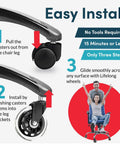 Illustration showing easy installation of casters on chair legs, featuring steps to pull out and insert casters, with people enjoying smooth glide.