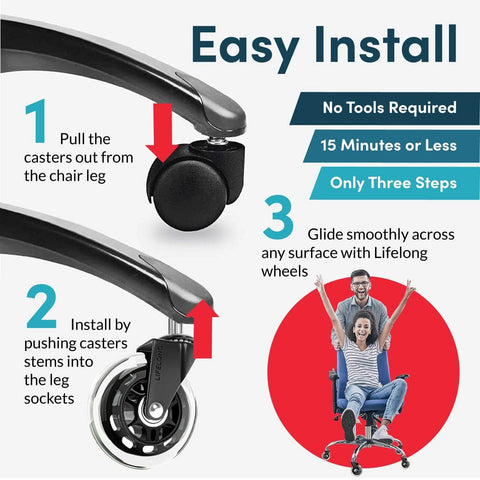 Illustration showing easy installation of casters on chair legs, featuring steps to pull out and insert casters, with people enjoying smooth glide.