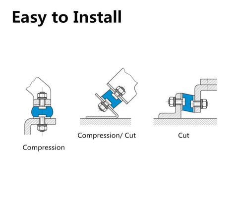 Installation diagram for Beefed Up Heavy Duty M8 Rubber Motor Mounts With Lock Nuts showing compression and cut methods.