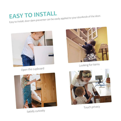 Children interacting with easy to install door slam preventer for safety in various home settings.