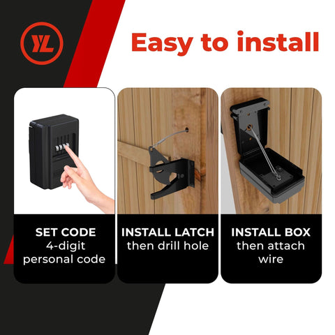 Installation steps for Gate Lock – Secure Keyless Fence Lock and Latch with 2-Way Access, shown on wood gate.