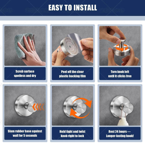 Installation steps for stainless steel hook showing cleaning, peeling film, twisting, and securing on wall for longer hold.