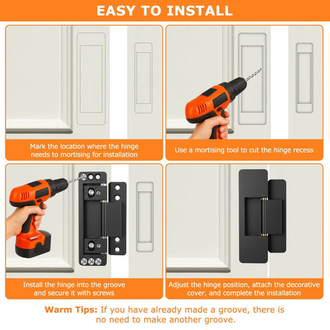 Installation guide for Slim Concealed Hidden Door Hinges 2Pack Heavy Duty Adjustable Invisible Hinge Kit for secret doors, step-by-step