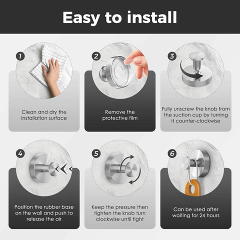 Installation steps for wall-mounted suction cup, showing hand cleaning surface, removing film, and tightening knob before use.