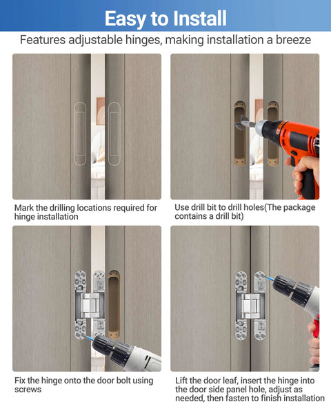 Installation steps for Invisible Door Hinges 2 Pack 6 Inch Silver Hidden Hinges For Doors With 3 Way Adjustable And 180 Degree Swing Copper Support.