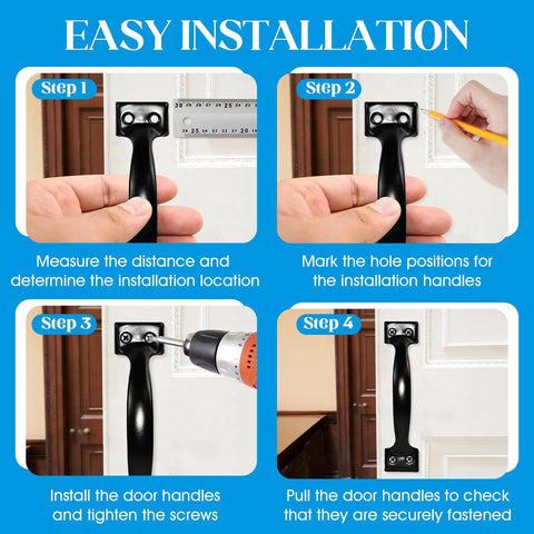 Installation steps for Two Pack 5.5 Inch Metal Door Handles Heavy Duty Modern Hardware, showing measuring, marking, drilling, and securing handles.