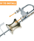 Exploded view of door knob assembly with easy installation guide showing components and tools.