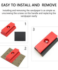 Installation steps for Hand Sanding Blocks Set For Auto Body And Woodworking 25 Pcs Grit 120 To 3000, featuring red block and sandpaper.