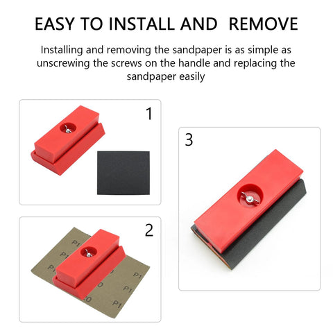 Installation steps for Hand Sanding Blocks Set For Auto Body And Woodworking 25 Pcs Grit 120 To 3000, featuring red block and sandpaper.