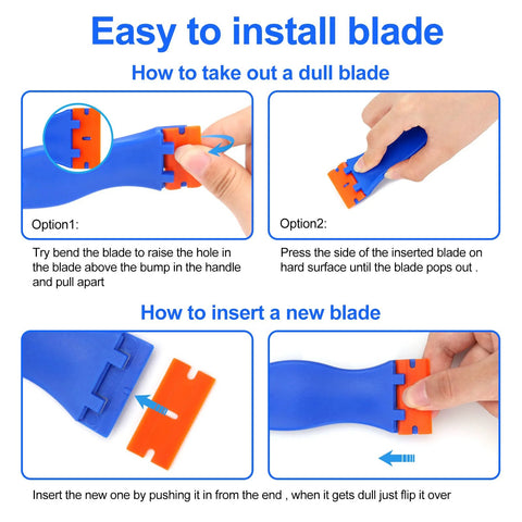 Instructional image showing how to change blades in a Plastic Razor Blade Scraper Set With 4 Scrapers And 100 Replacement Blades For Efficient Label Decal Adhesive Sticker And Paint Removal From Glass Windows Cars Walls Appliances And 3D Printer Beds Without Scratching