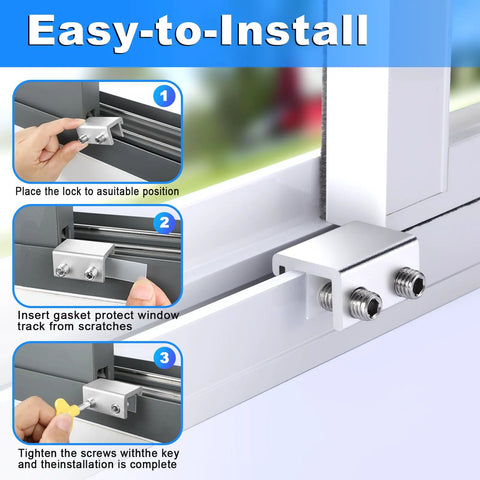 Installation steps for Two Pack Sliding Window Locks With Keyed Security, showing lock placement and tightening process.