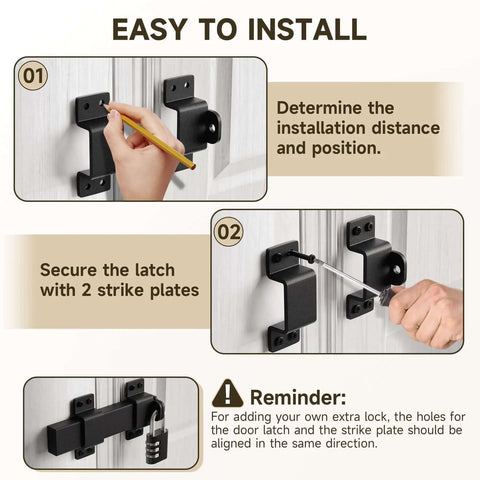 Installation of Built Tough Gate Latch With Padlock Hole, Adjustable Barn Door Lock with two strike plates shown.