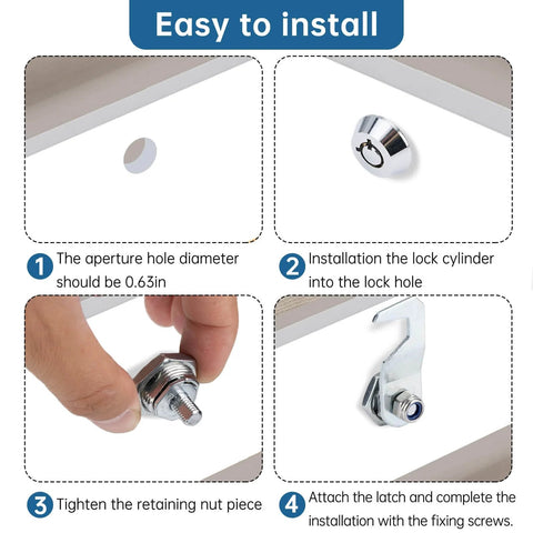 Installation guide for Durable 5/8 inch tubular cam toolbox locks with two keys, zinc alloy chrome finish, rustproof and waterproof.