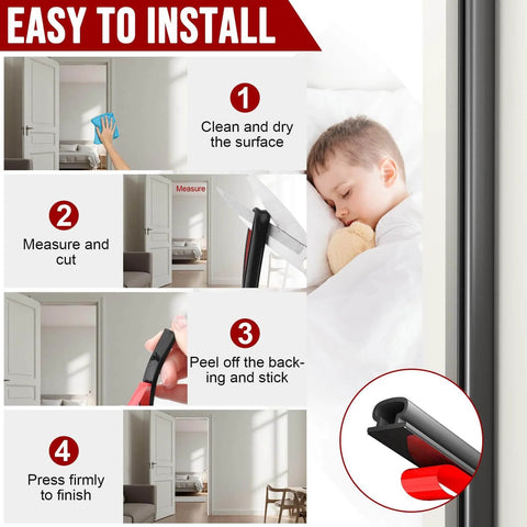 Installation steps for Weather Stripping Door Seal - 23 Ft Self-Adhesive TPE Rubber Door Seal Strip aiding soundproofing and insulation.