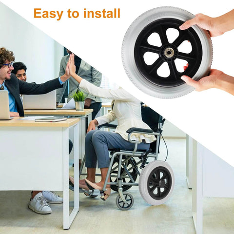 Hands holding 12 inch solid spoked wheelchair replacement wheel showing easy installation, with wheelchair in an office setting, 2 Pack 12 Inch Solid Plastic Spoked Wheelchair Replacement Wheels with Hard Rubber Tires, 0.5 Inch Shaft Aperture and 2.17 Inch Spacing, Durable Mobility Wheels for Manual Wheelchairs, Walkers and Rollators.